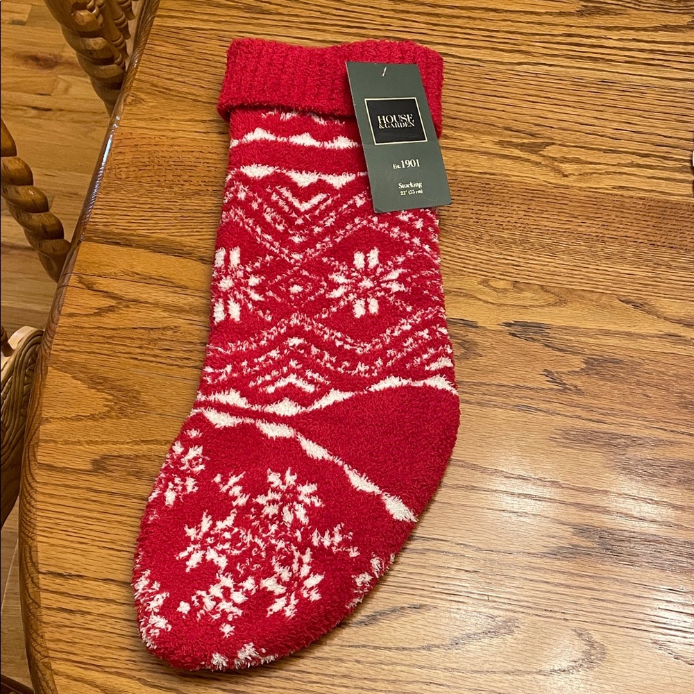 House & Garden 22” Christmas Stocking. Red-White Snowflake Design . NWT!